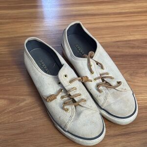 Sperry Off-White Canvas Sneakers with Brown Laces